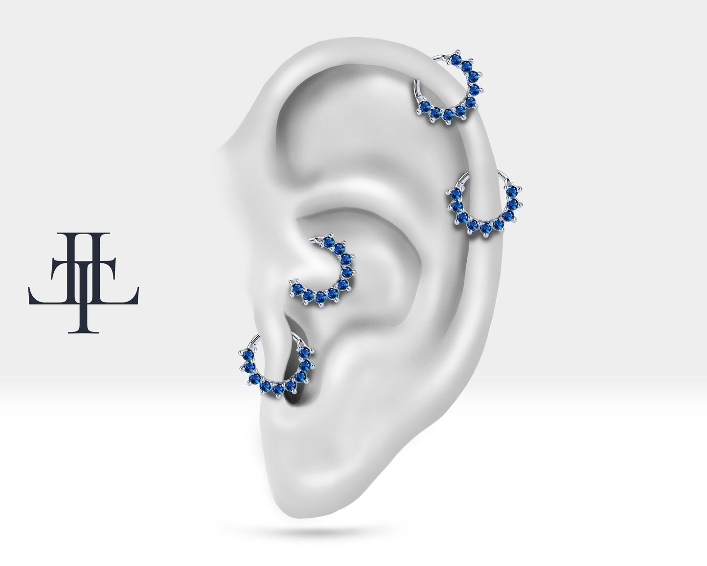 Dokuz Safirli Halka Piercing, 13 MM , 1.2 MM, 14K Sarı-Beyaz-Kırmızı Altın | LC00006S