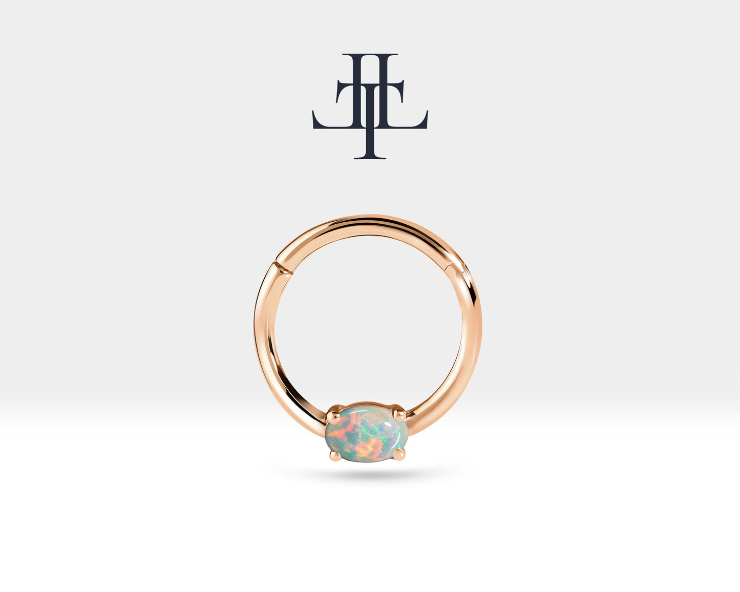 Oval Afrikan Opalli Halka Piercing, 10-12 MM , 1.2 MM, 14K Sarı-Beyaz-Kırmızı Altın | LC00035O