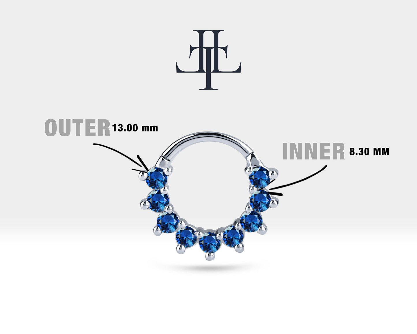 Dokuz Safirli Halka Piercing, 13 MM , 1.2 MM, 14K Sarı-Beyaz-Kırmızı Altın | LC00006S