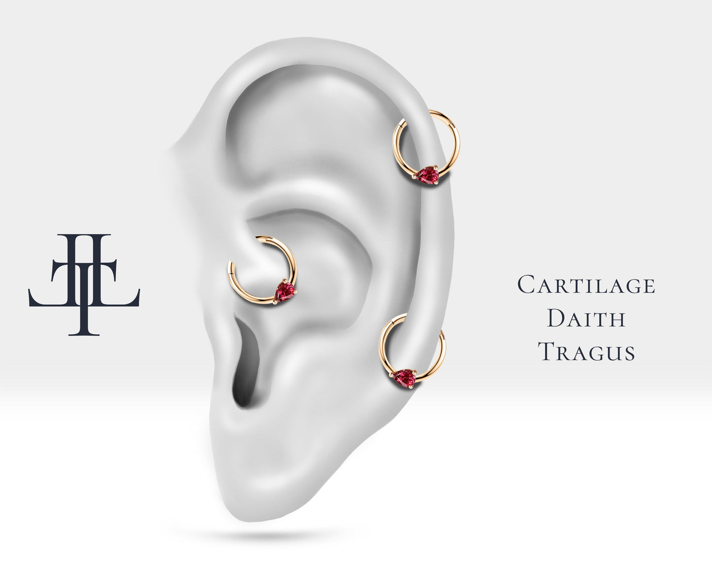 Damla Yakutlu Halka Piercing, 10-12 MM , 1.2 MM, 14K Sarı-Beyaz-Kırmızı Altın | LC00027R