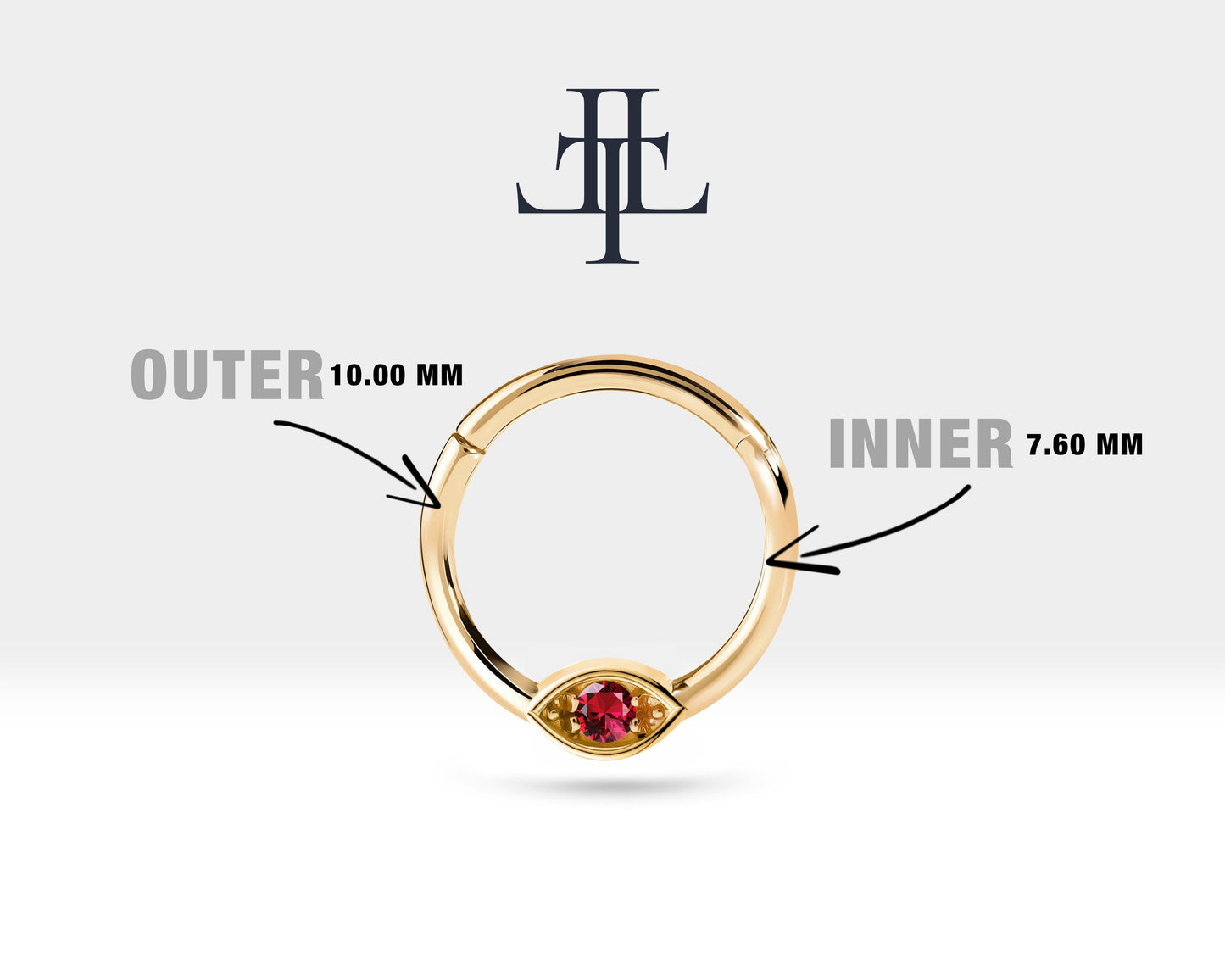 Yakutlu Göz Halka Piercing, 10 MM , 1.2 MM, 14K Sarı-Beyaz-Kırmızı Altın | LC00042R