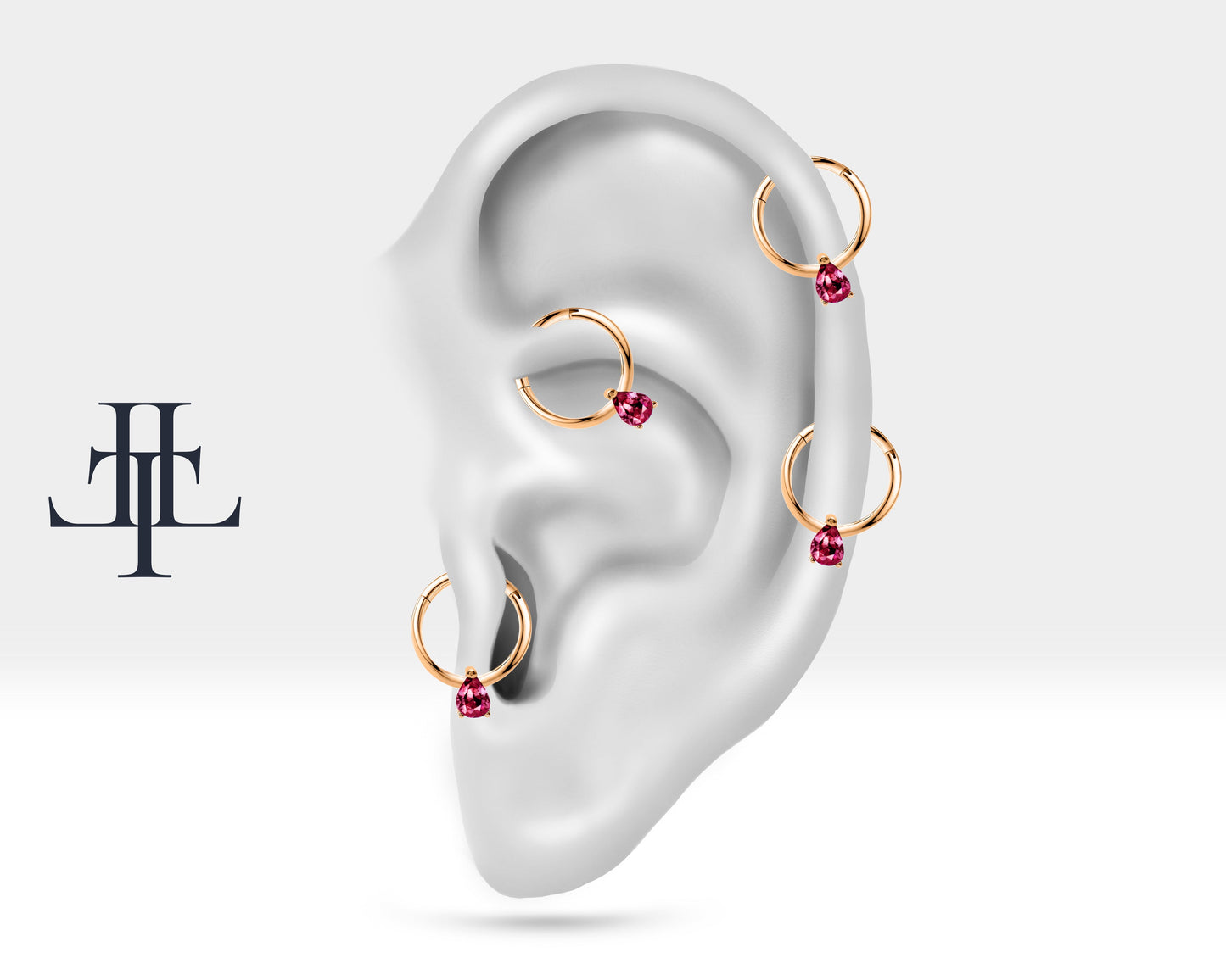 Damla Yakutlu Halka Piercing, 12 MM , 1.2 MM, 14K Sarı-Beyaz-Kırmızı Altın | LC00011R