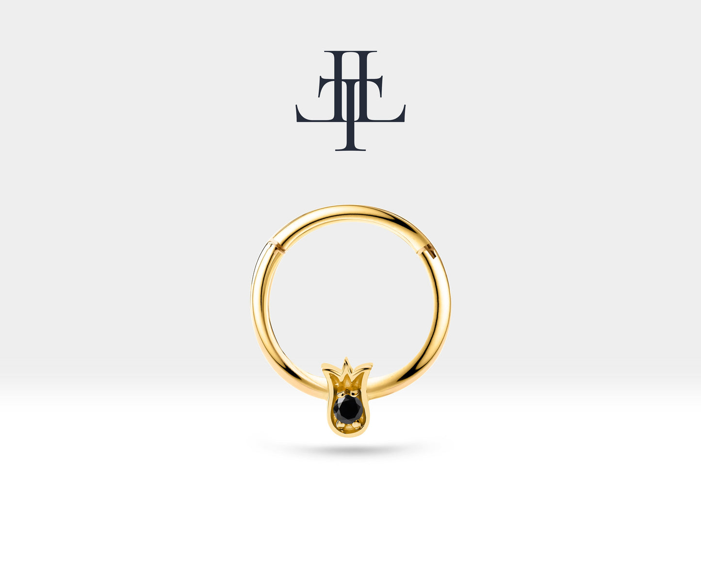 Lale Siyah Pırlantalı Halka Piercing, 12 MM , 1.2 MM, 14K Sarı-Beyaz-Kırmızı Altın | LC00038B
