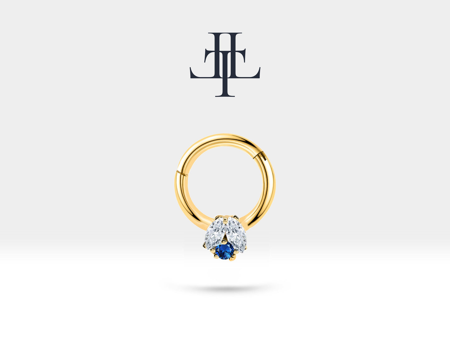 İkili Markiz Pırlanta ve Safirli Halka Piercing, 10 MM , 1.2 MM, 14K Sarı-Beyaz-Kırmızı Altın | LC00024DS