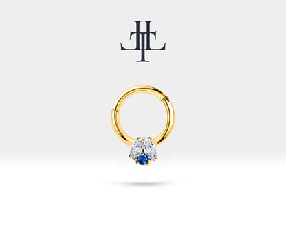 İkili Markiz Pırlanta ve Safirli Halka Piercing, 10 MM , 1.2 MM, 14K Sarı-Beyaz-Kırmızı Altın | LC00024DS