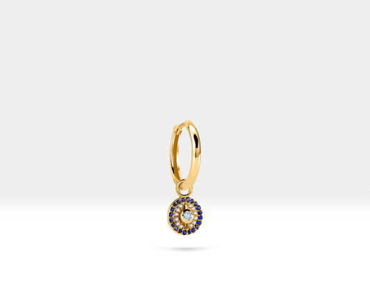 Safirli Pusula Sallantılı Küpe, 12 MM , 14K Sarı-Beyaz-Kırmızı Altın | LE00042DS