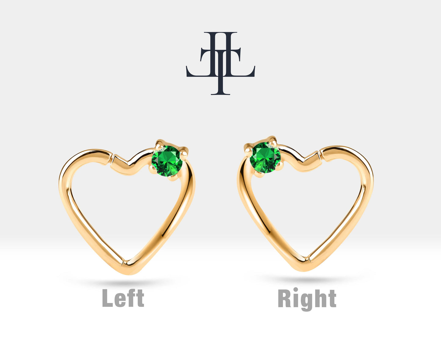 Tek Taş Kalp Yeşil Garnet Halka Piercing, 13 MM , 1.2 MM, 14K Sarı-Beyaz-Kırmızı Altın | LC00010G