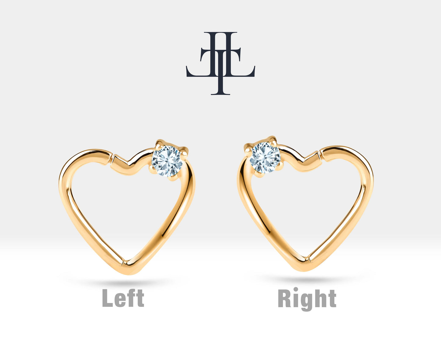 Tek Taş Kalp Pırlantalı Halka Piercing, 13 MM , 1.2 MM, 14K Sarı-Beyaz-Kırmızı Altın | LC00010D