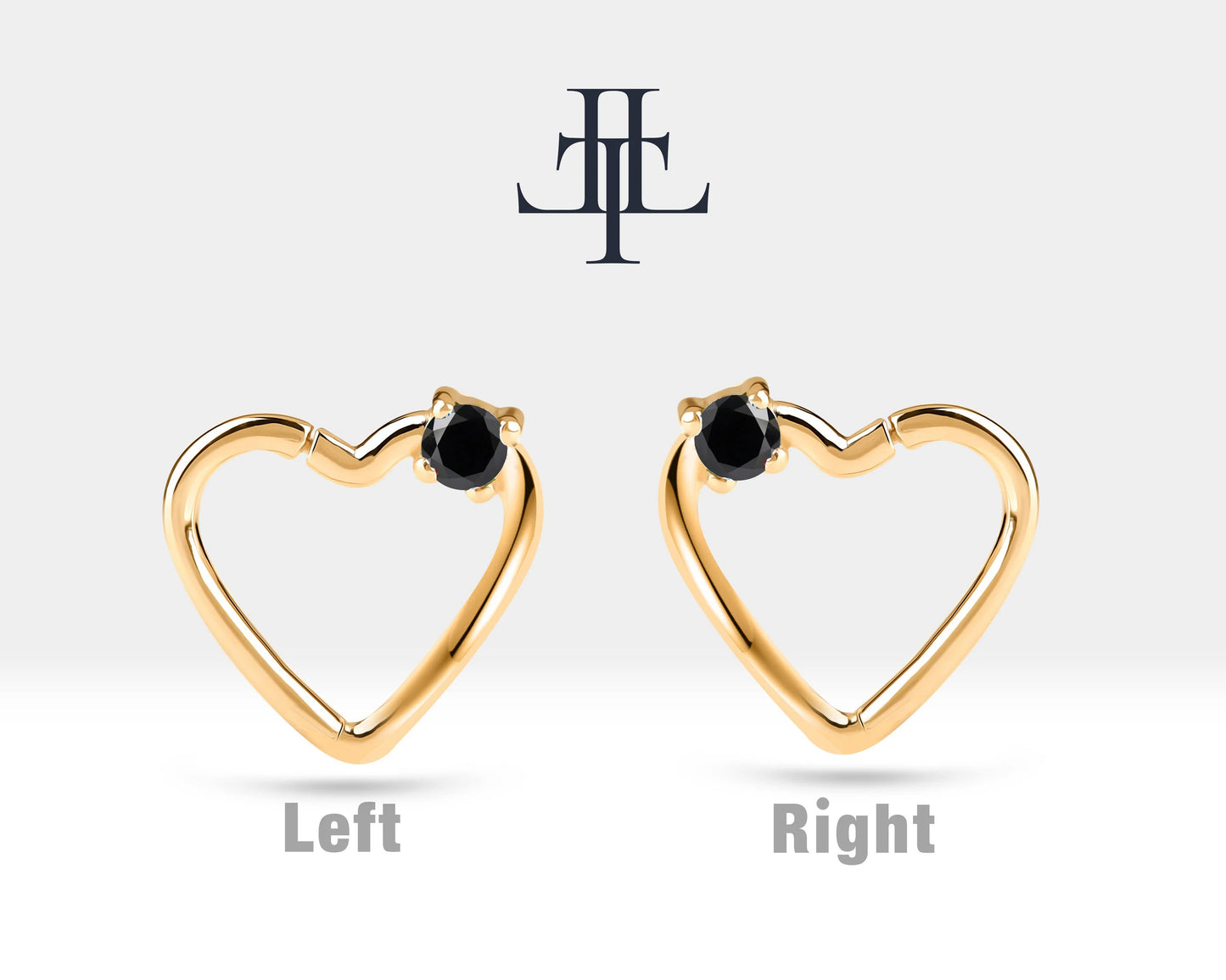 Tek Taş Kalp Siyah Pırlanta Halka Piercing, 13 MM , 1.2 MM, 14K Sarı-Beyaz-Kırmızı Altın | LC00010B