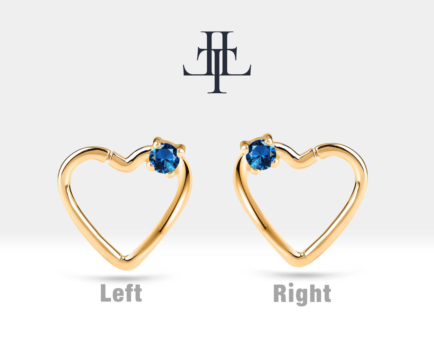 Tek Taş Kalp Safirli Halka Piercing, 13 MM , 1.2 MM, 14K Sarı-Beyaz-Kırmızı Altın | LC00010S