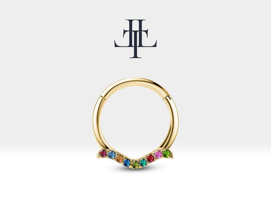 Martı Renkli Safirli Halka Piercing, 12 MM , 1.2 MM, 14K Sarı-Beyaz-Kırmızı Altın | LC00029S