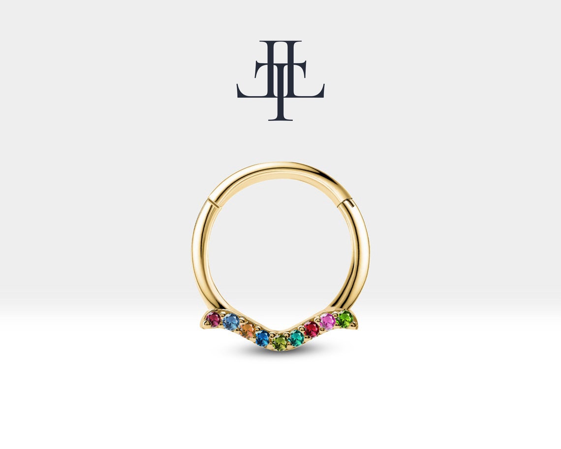 Martı Renkli Safirli Halka Piercing, 12 MM , 1.2 MM, 14K Sarı-Beyaz-Kırmızı Altın | LC00029S