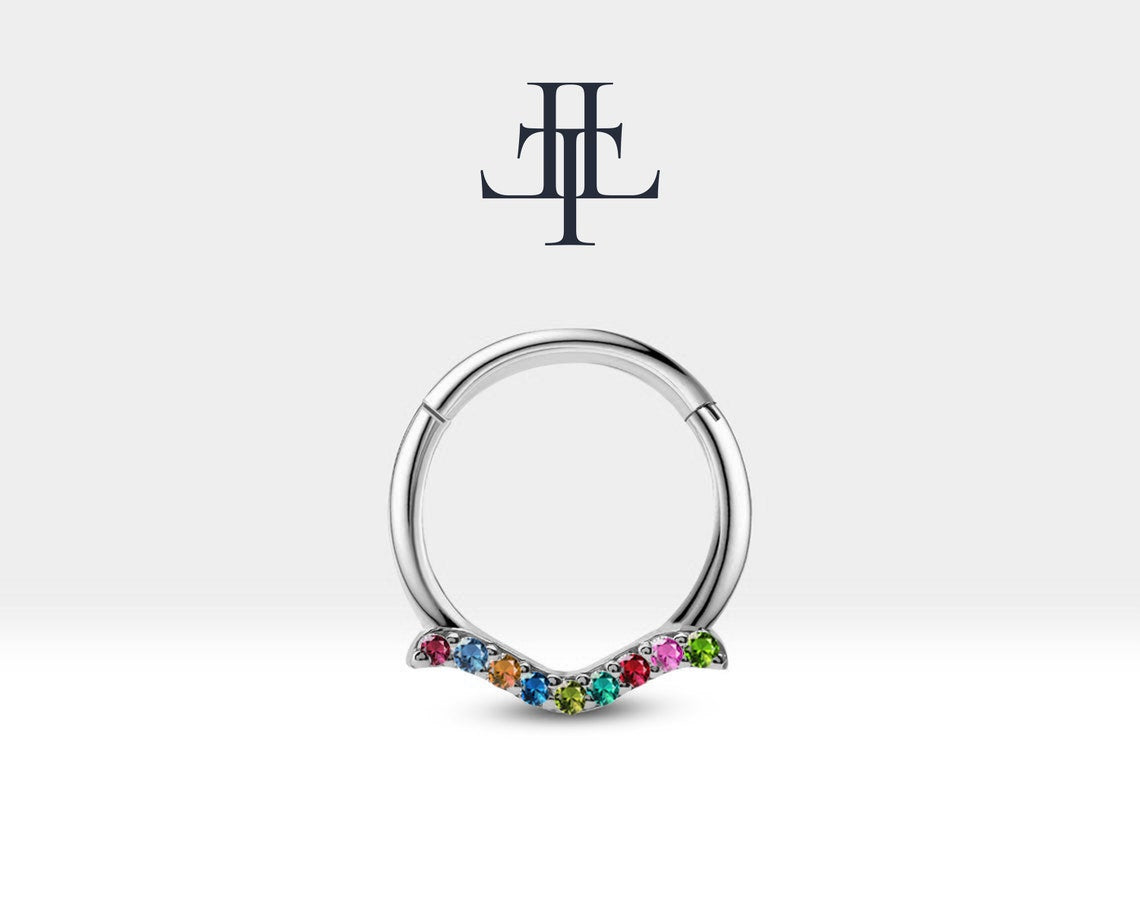 Martı Renkli Safirli Halka Piercing, 12 MM , 1.2 MM, 14K Sarı-Beyaz-Kırmızı Altın | LC00029S