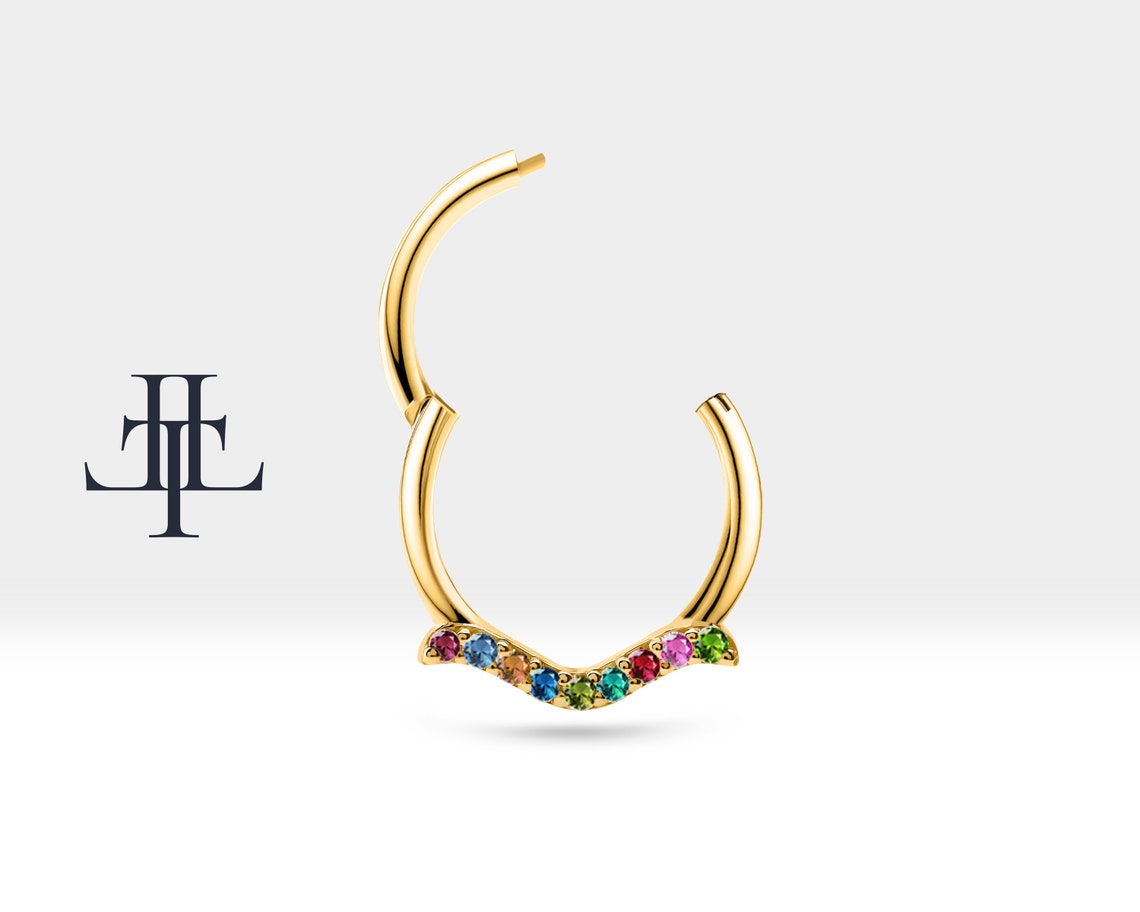 Martı Renkli Safirli Halka Piercing, 12 MM , 1.2 MM, 14K Sarı-Beyaz-Kırmızı Altın | LC00029S