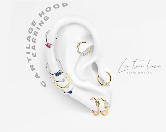 Yaprak Motifli Yakutlu Halka Piercing, 12 MM , 1.2 MM, 14K Sarı-Beyaz-Kırmızı Altın | LC00003R