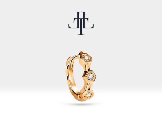 Pırlantalı Altıgen Motifli Küpe, 9.50 MM , 14K Sarı-Beyaz-Kırmızı Altın | LE00016D