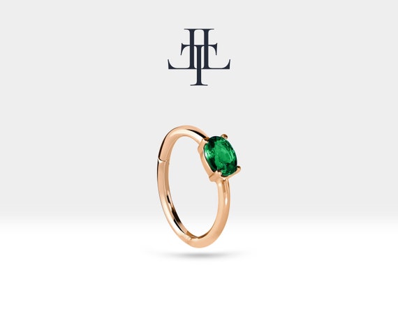 Oval Zümrüt Halka Piercing Küpe, 12 MM , 1.2 MM, 14K Sarı-Beyaz-Kırmızı Altın | LE00007E