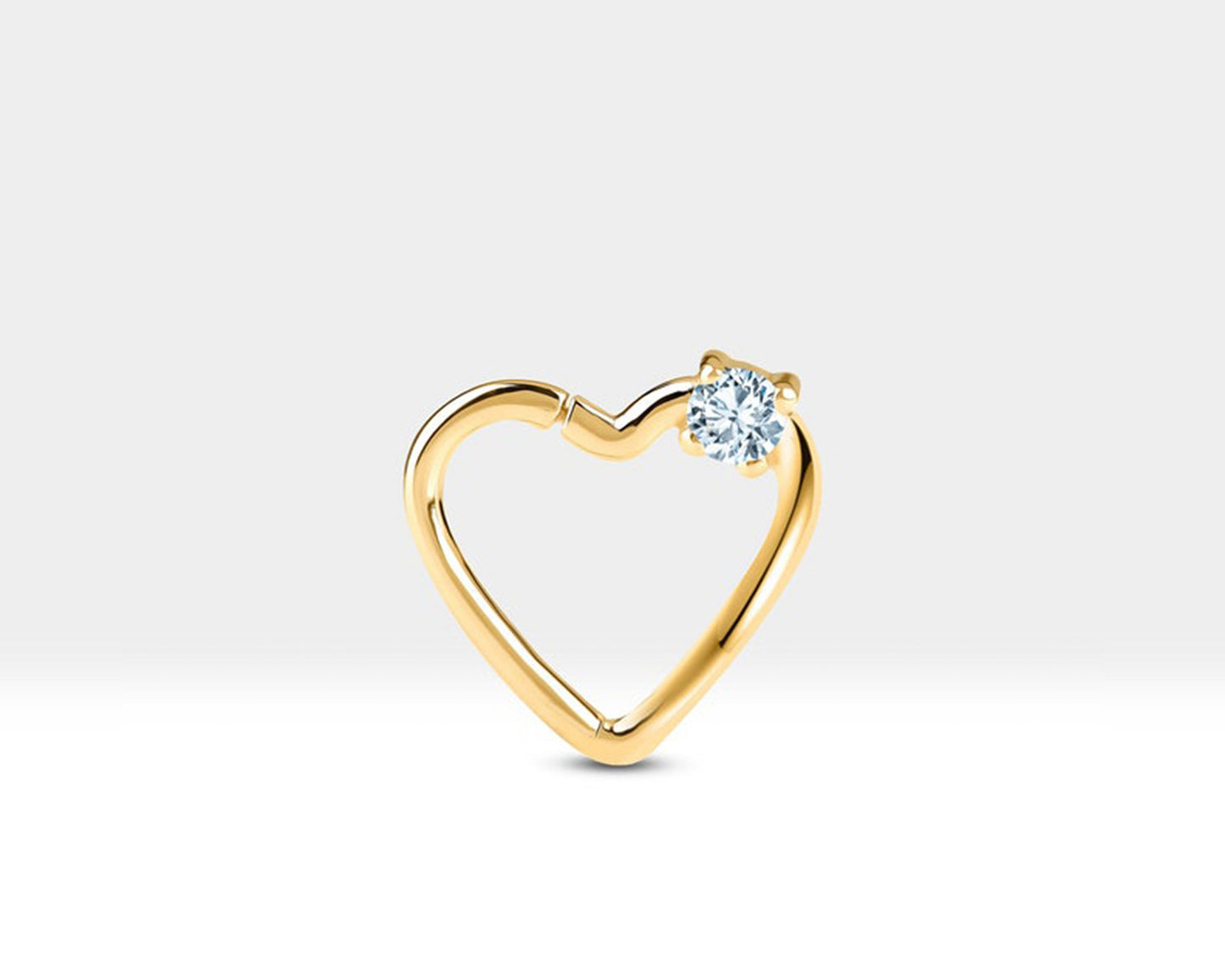 Tek Taş Kalp Pırlantalı Halka Piercing, 13 MM , 1.2 MM, 14K Sarı-Beyaz-Kırmızı Altın | LC00010D