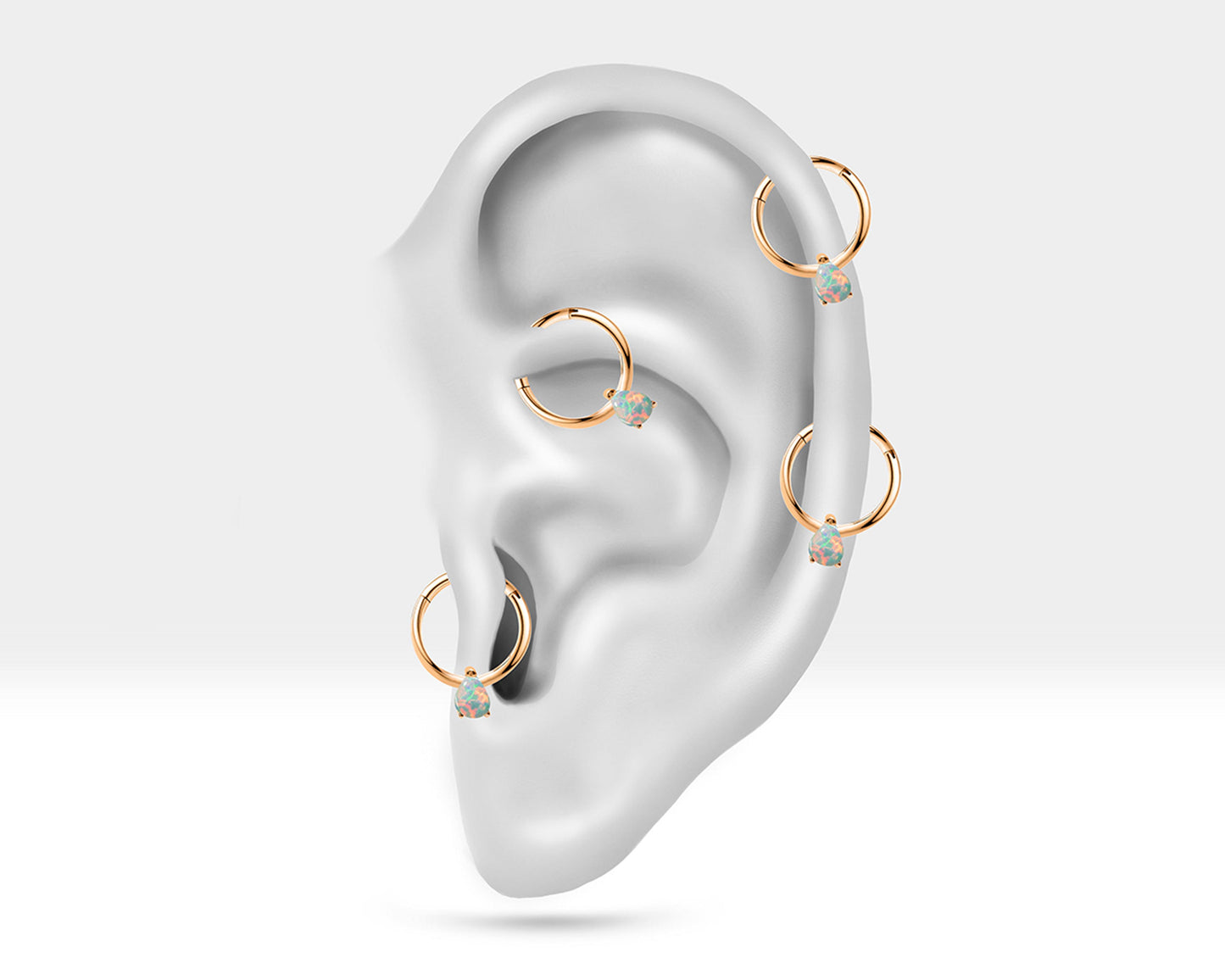 Damla Opalli Halka Piercing, 12 MM , 1.2 MM, 14K Sarı-Beyaz-Kırmızı Altın | LC00011O