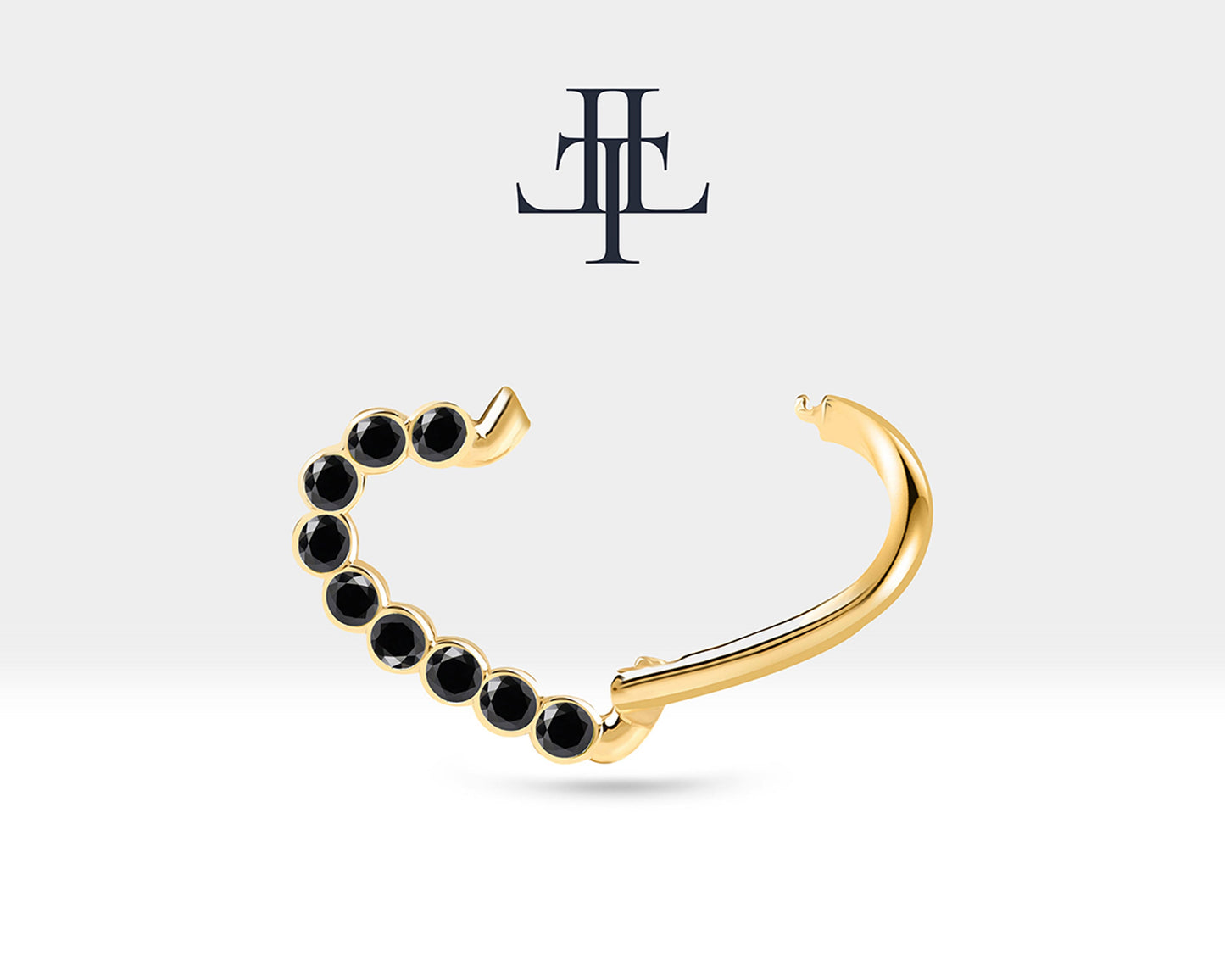 Dizi Siyah Pırlantalı Kalp Halka Piercing, 13 MM , 1.2 MM, 14K Sarı-Beyaz-Kırmızı Altın | LC00017B