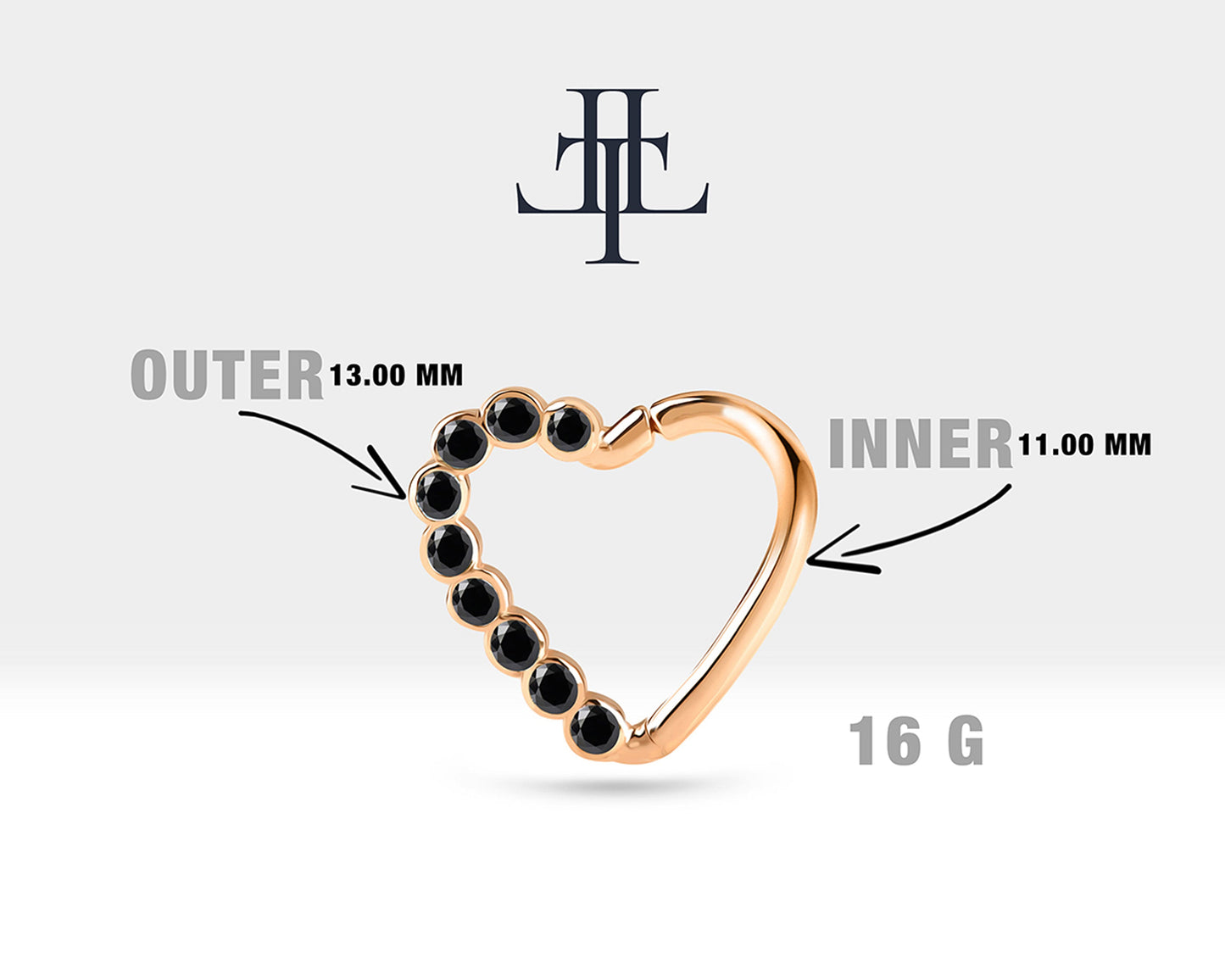 Dizi Siyah Pırlantalı Kalp Halka Piercing, 13 MM , 1.2 MM, 14K Sarı-Beyaz-Kırmızı Altın | LC00017B