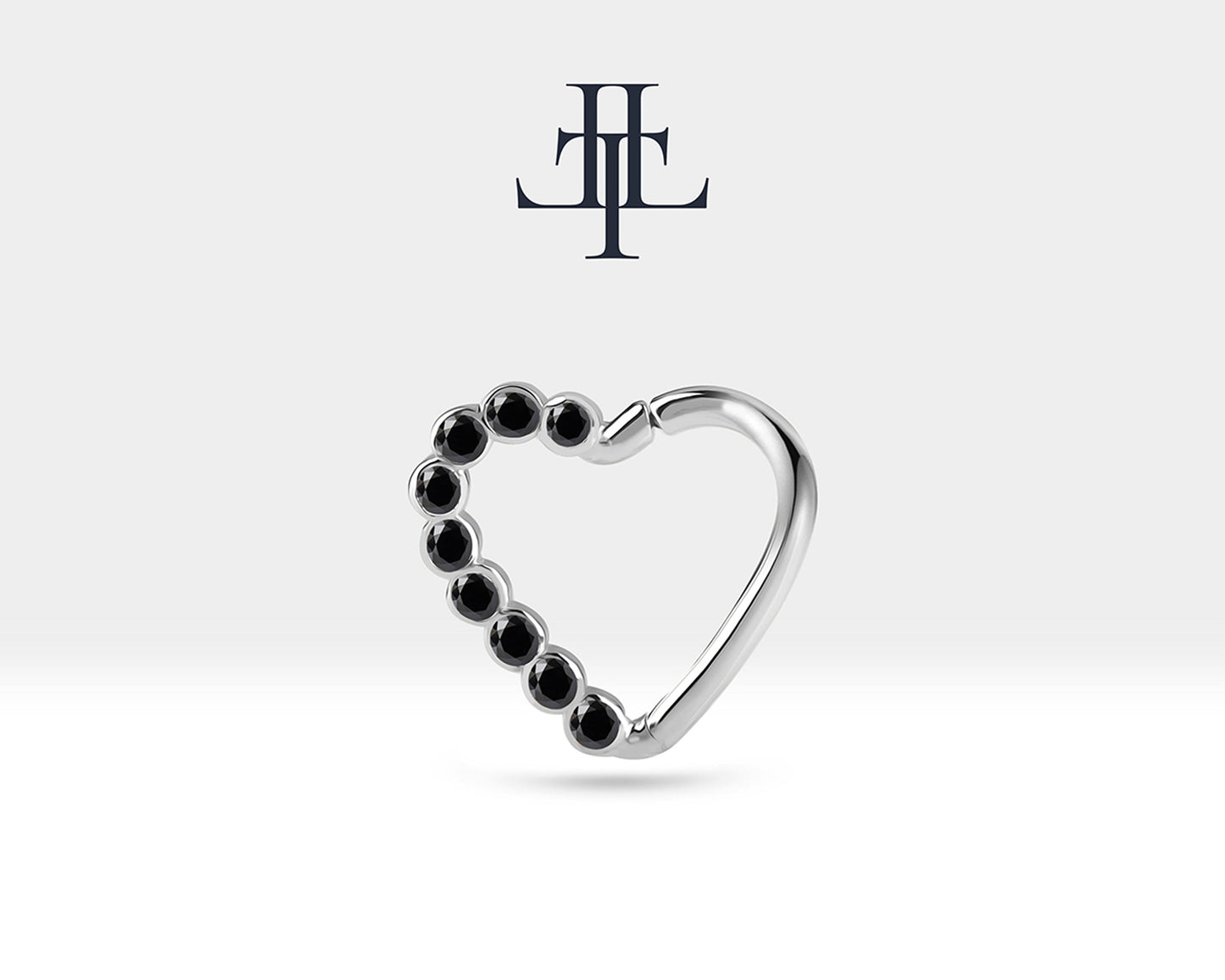 Dizi Siyah Pırlantalı Kalp Halka Piercing, 13 MM , 1.2 MM, 14K Sarı-Beyaz-Kırmızı Altın | LC00017B