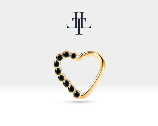 Dizi Siyah Pırlantalı Kalp Halka Piercing, 13 MM , 1.2 MM, 14K Sarı-Beyaz-Kırmızı Altın | LC00017B