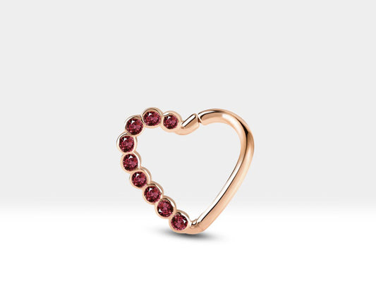 Dizi Yakutlu Kalp Halka Piercing, 13 MM , 1.2 MM, 14K Sarı-Beyaz-Kırmızı Altın | LC00017R