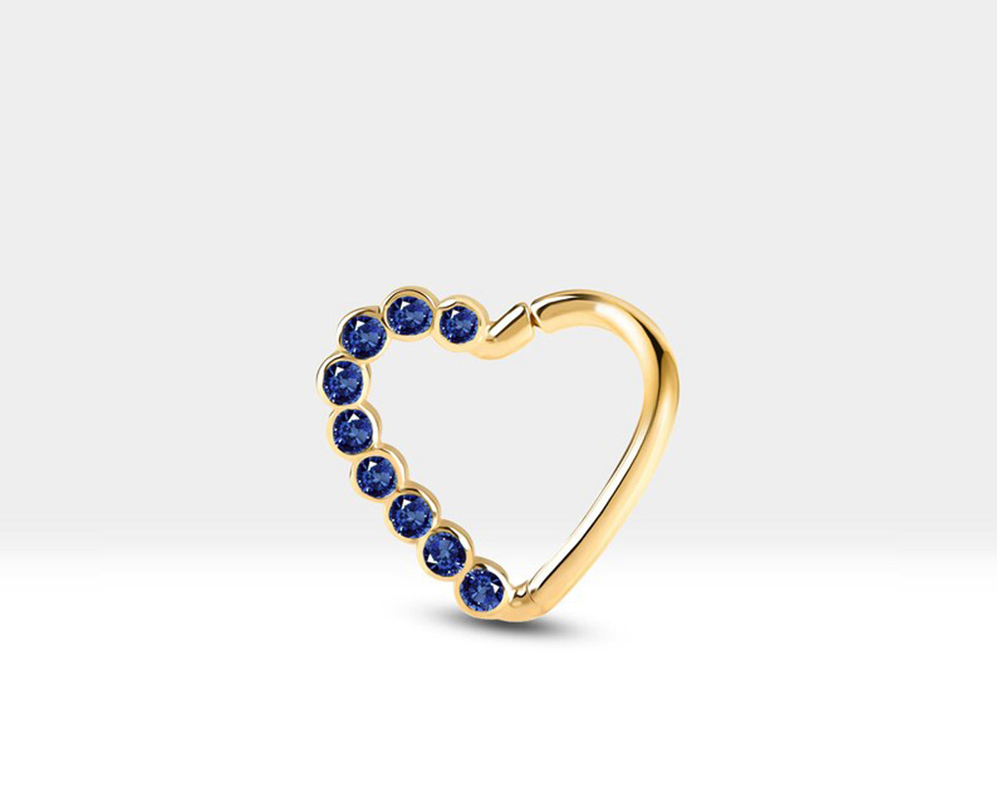 Dizi Safirli Kalp Halka Piercing, 13 MM , 1.2 MM, 14K Sarı-Beyaz-Kırmızı Altın | LC00017S