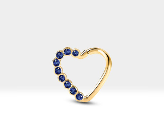 Dizi Safirli Kalp Halka Piercing, 13 MM , 1.2 MM, 14K Sarı-Beyaz-Kırmızı Altın | LC00017S
