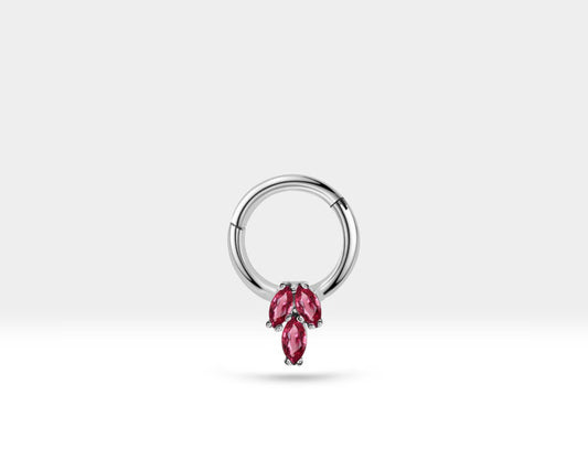 Üçlü Markiz Yakutlu Halka Piercing, 10 MM , 1.2 MM, 14K Sarı-Beyaz-Kırmızı Altın | LC00021R