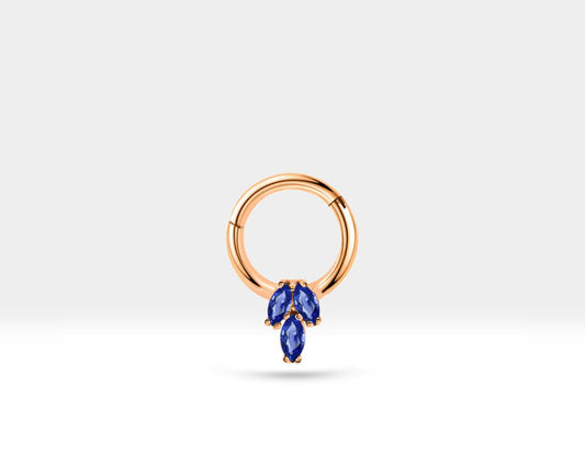 Üçlü Markiz Safirli Halka Piercing, 10 MM , 1.2 MM, 14K Sarı-Beyaz-Kırmızı Altın | LC00021S