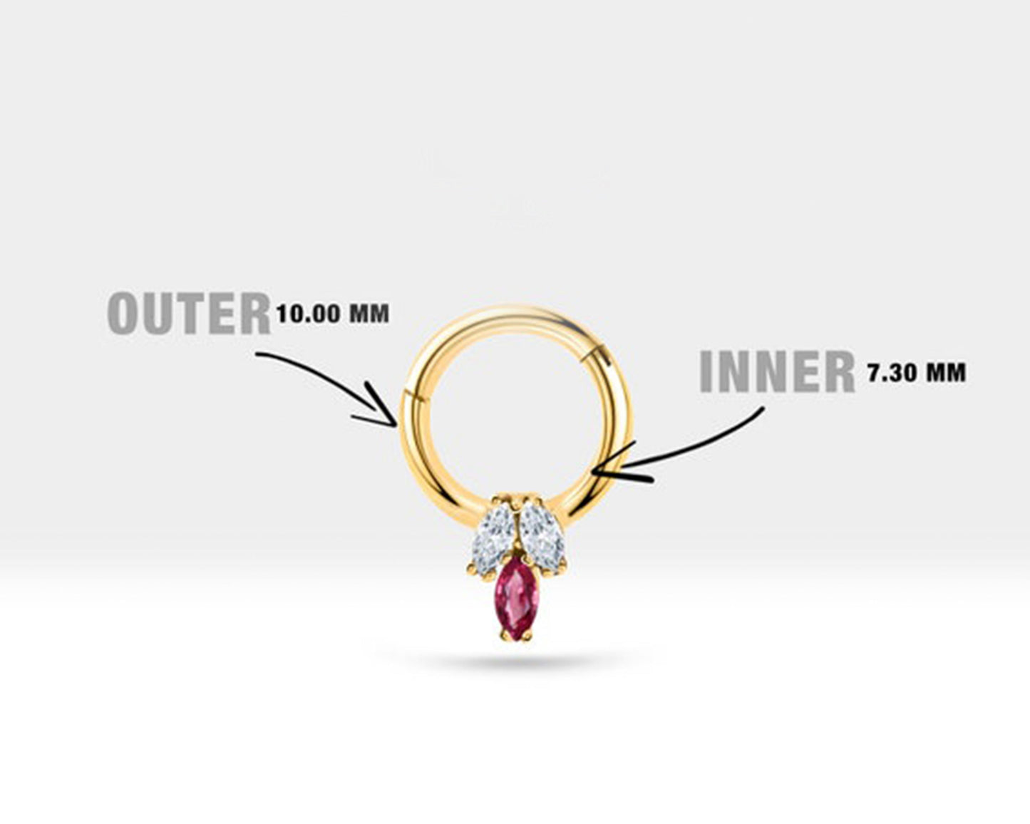 Üçlü Markiz Yakut ve Pırlantalı Halka Piercing, 10 MM , 1.2 MM, 14K Sarı-Beyaz-Kırmızı Altın | LC00022DR