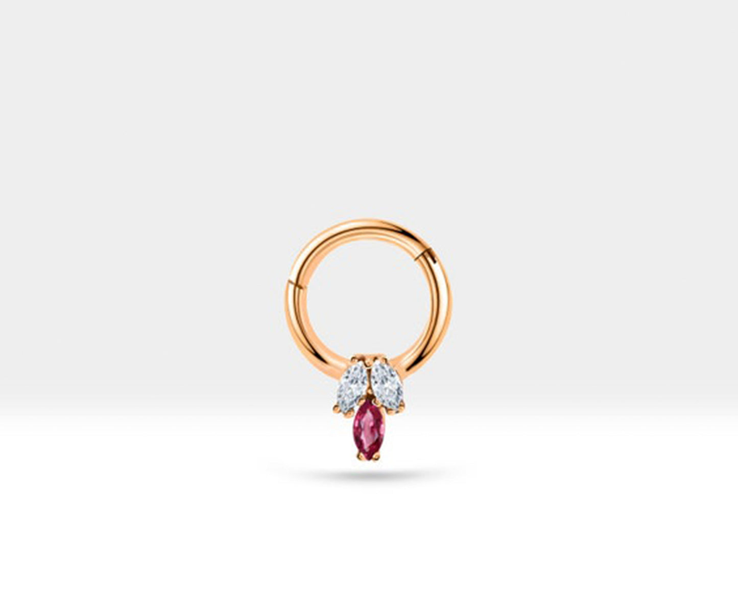 Üçlü Markiz Yakut ve Pırlantalı Halka Piercing, 10 MM , 1.2 MM, 14K Sarı-Beyaz-Kırmızı Altın | LC00022DR