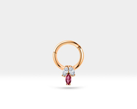 Üçlü Markiz Yakut ve Pırlantalı Halka Piercing, 10 MM , 1.2 MM, 14K Sarı-Beyaz-Kırmızı Altın | LC00022DR