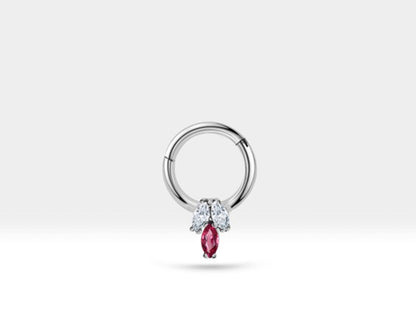 Üçlü Markiz Yakut ve Pırlantalı Halka Piercing, 10 MM , 1.2 MM, 14K Sarı-Beyaz-Kırmızı Altın | LC00022DR