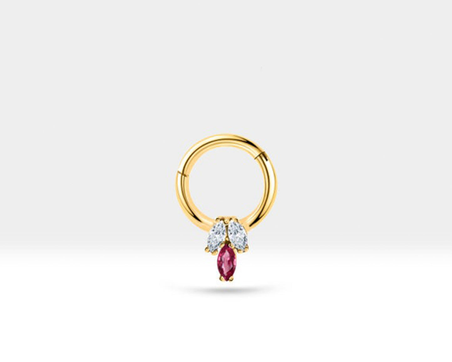 Üçlü Markiz Yakut ve Pırlantalı Halka Piercing, 10 MM , 1.2 MM, 14K Sarı-Beyaz-Kırmızı Altın | LC00022DR