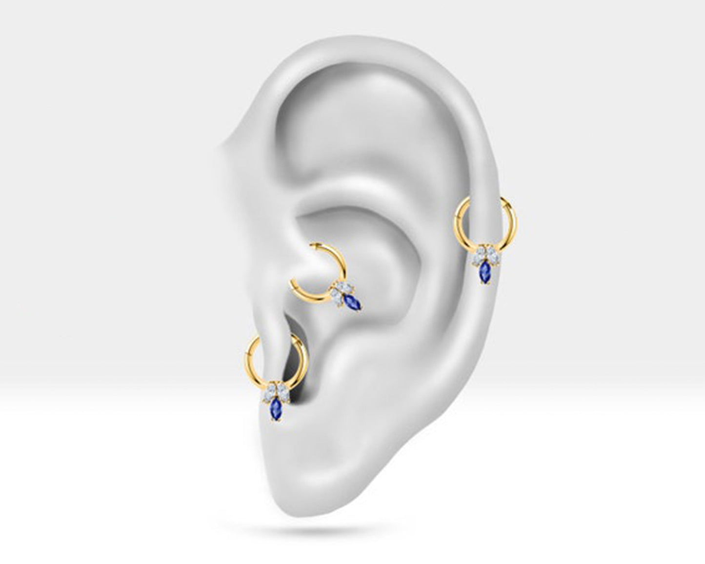 Üçlü Markiz Safir ve Pırlantalı Halka Piercing, 10 MM , 1.2 MM, 14K Sarı-Beyaz-Kırmızı Altın | LC00022DS