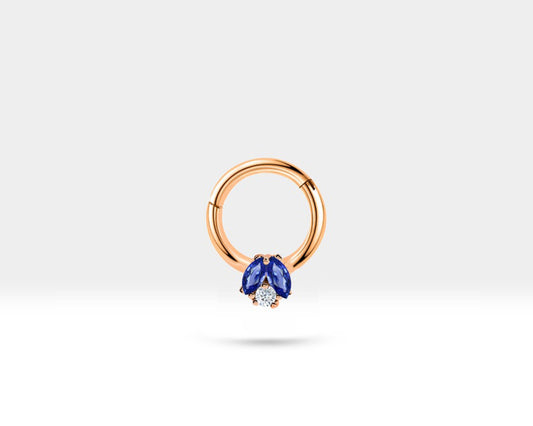 İkili Markiz Safir ve Pırlantalı Halka Piercing, 10 MM , 1.2 MM, 14K Sarı-Beyaz-Kırmızı Altın | LC00025SD