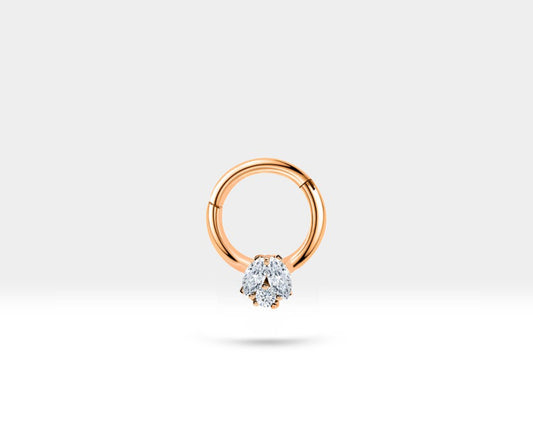 İkili Markiz Pırlantalı Halka Piercing, 10 MM , 1.2 MM, 14K Sarı-Beyaz-Kırmızı Altın | LC00026D