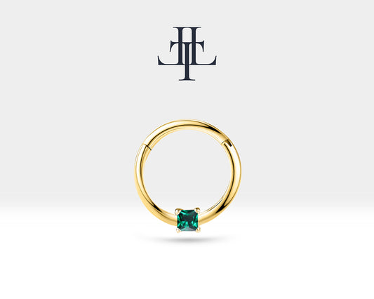 Prenses Zümrütlü Halka Piercing, 10-12 MM , 1.2 MM, 14K Sarı-Beyaz-Kırmızı Altın | LC00034E