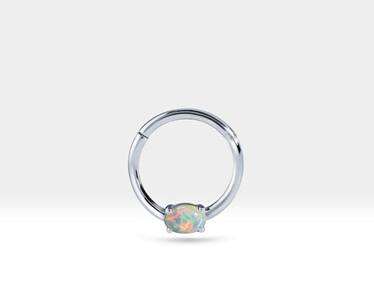 Oval Afrikan Opalli Halka Piercing, 10-12 MM , 1.2 MM, 14K Sarı-Beyaz-Kırmızı Altın | LC00035O