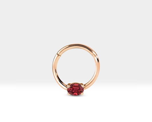 Oval Yakutlu Halka Piercing, 10-12 MM , 1.2 MM, 14K Sarı-Beyaz-Kırmızı Altın | LC00035R