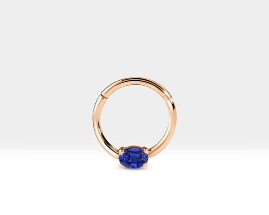 Oval Safirli Halka Piercing, 10-12 MM , 1.2 MM, 14K Sarı-Beyaz-Kırmızı Altın | LC00035S