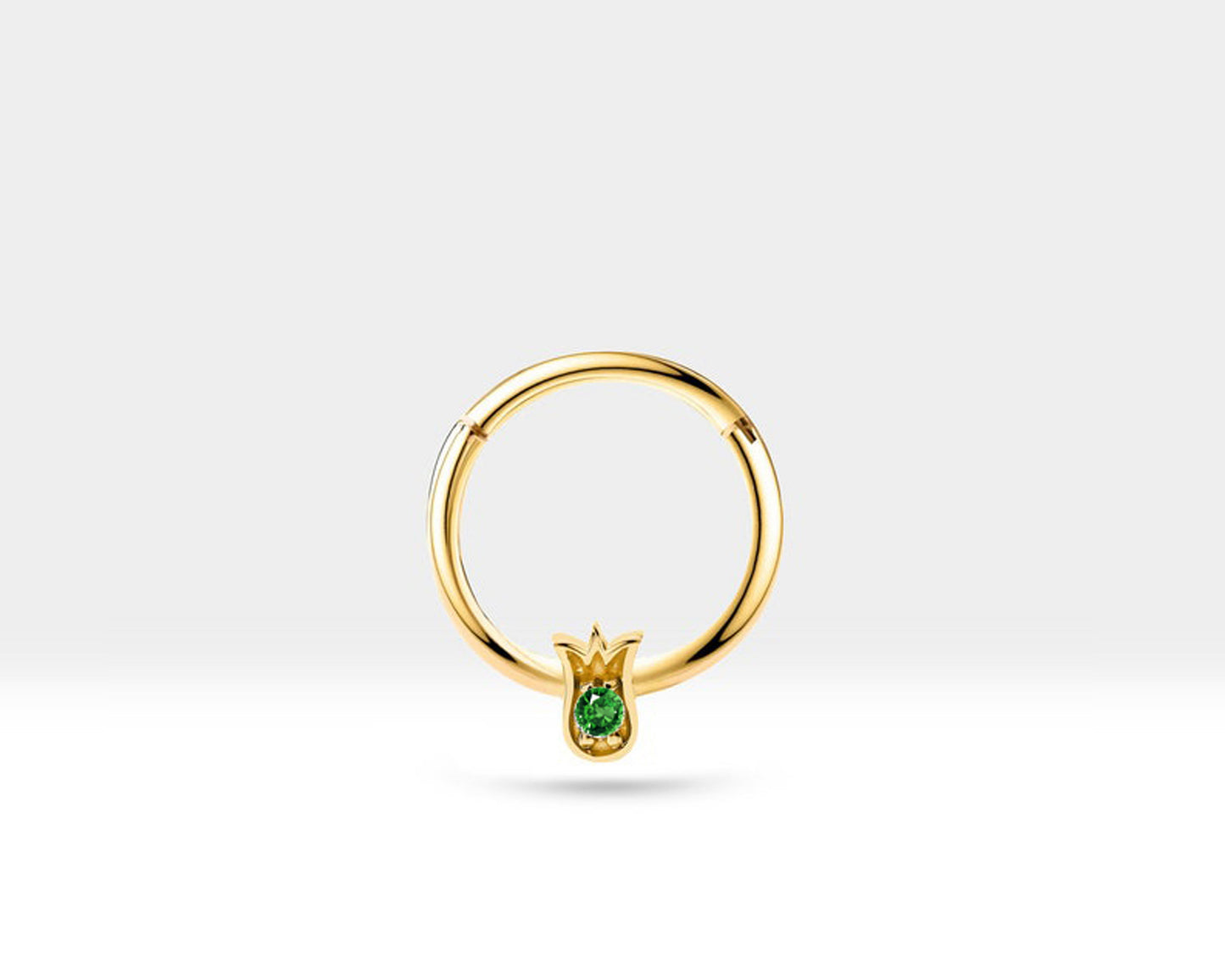Lale Yeşil Garnetlı Halka Piercing, 12 MM , 1.2 MM, 14K Sarı-Beyaz-Kırmızı Altın | LC00038G