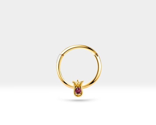 Lale Yakutlu Halka Piercing, 12 MM , 1.2 MM, 14K Sarı-Beyaz-Kırmızı Altın | LC00038R