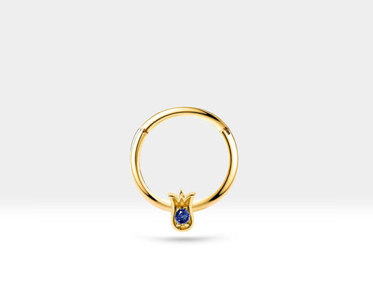 Lale Safirli Halka Piercing, 12 MM , 1.2 MM, 14K Sarı-Beyaz-Kırmızı Altın | LC00038S