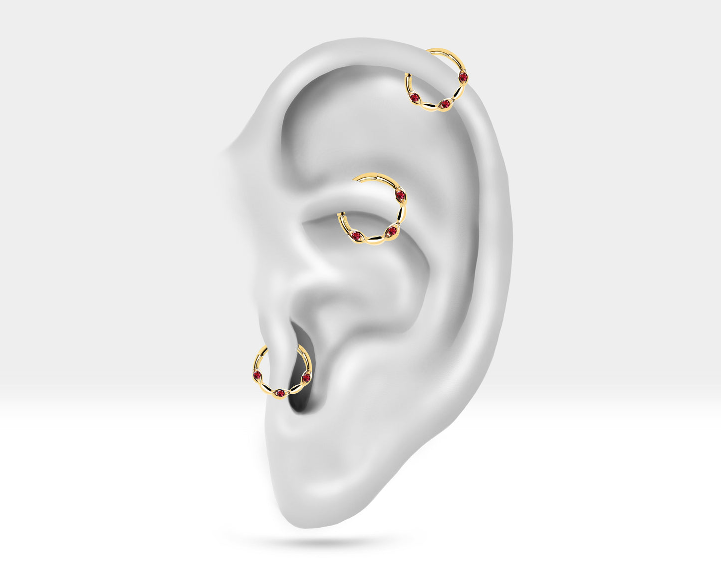 Üç Badem Yakutlu Halka Piercing, 10 MM , 1.2 MM, 14K Sarı-Beyaz-Kırmızı Altın | LC00040R