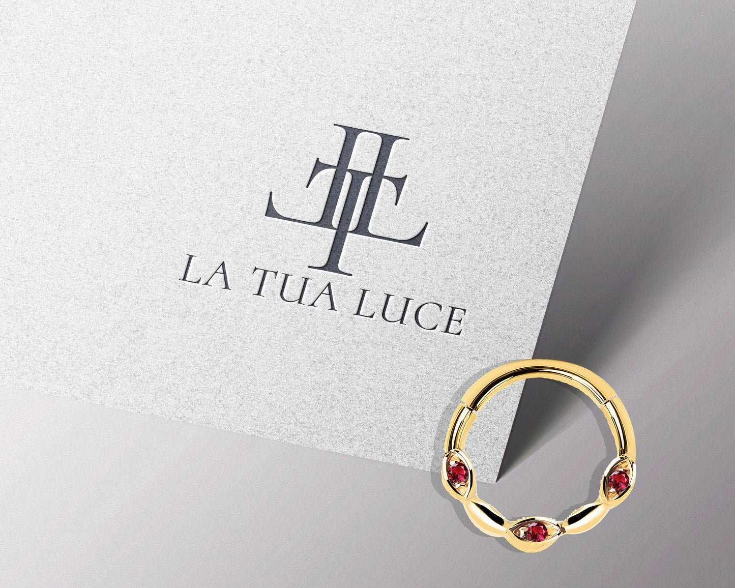 Üç Badem Yakutlu Halka Piercing, 10 MM , 1.2 MM, 14K Sarı-Beyaz-Kırmızı Altın | LC00040R