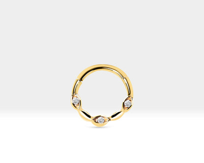 Üç Badem Pırlantalı Halka Piercing, 10 MM , 1.2 MM, 14K Sarı-Beyaz-Kırmızı Altın | LC00040D